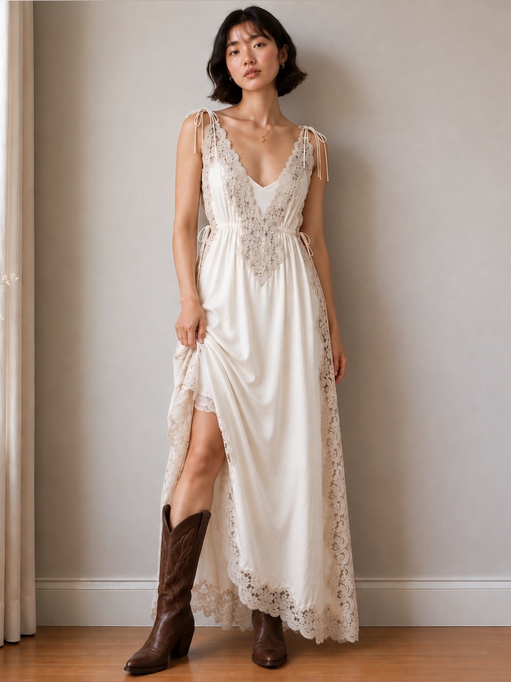 Vintage Ivory Lace Maxi Dress Tie Shoulder Ethereal Bridal